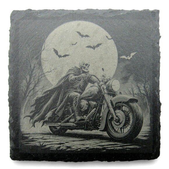 MOTORCYCLE Skeleton COASTER Moonlit Slate Gothic Set of 4 - Picture 1 of 6